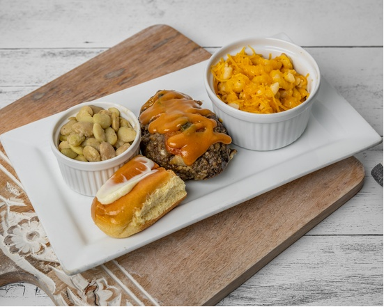 Meatloaf, Mac and cheese, Lima beans and a roll
