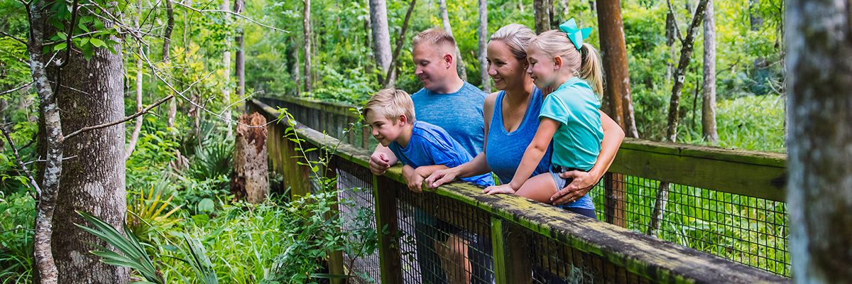 Family looking over bridge in Camp Chowenwaw