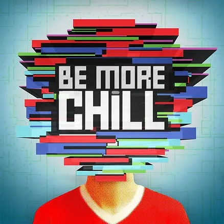 Boy wearing red shirt with the words be more chill written covering the face, multicolor abstract art style