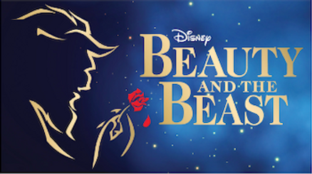 Blue background with beast outline holding a rose and title text in gold