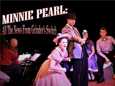 Actors on stage in vintage clothing, preforming in a band