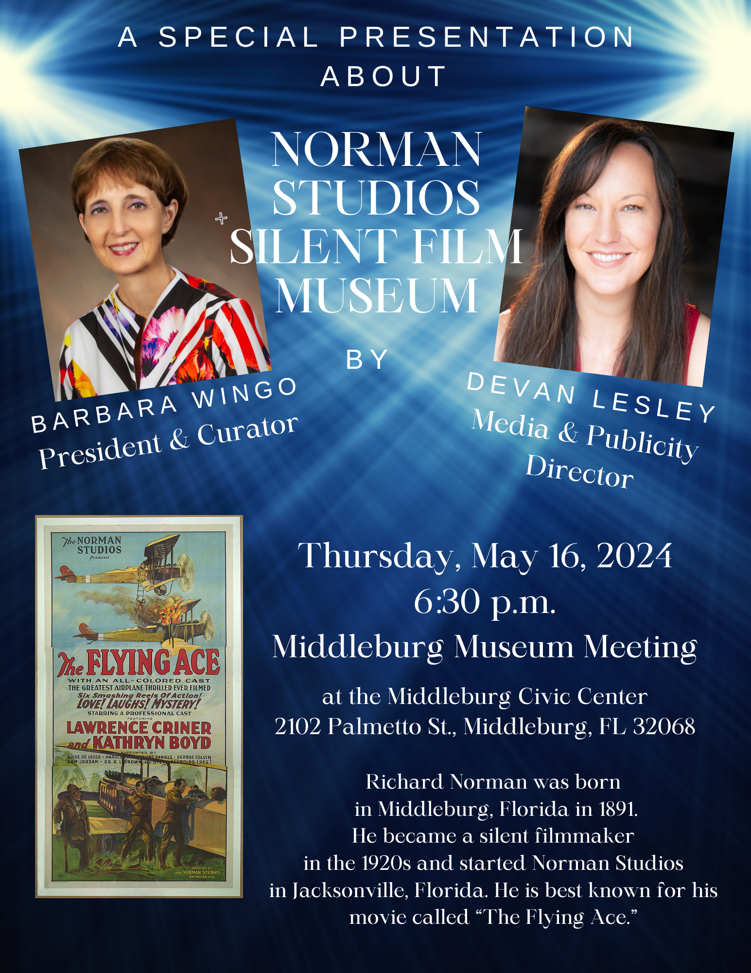 Flier for Norman Studios Presentation featuring photo of the speaker and details about the event