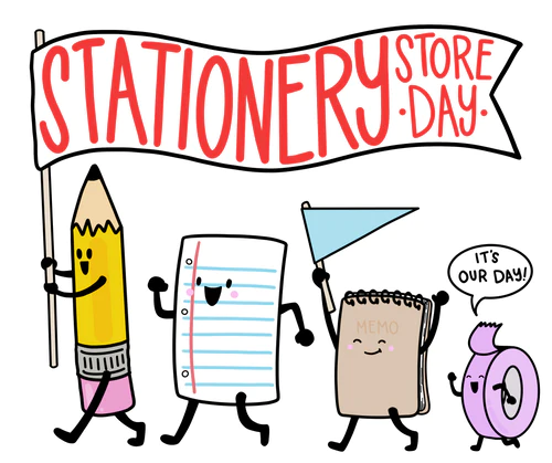 Cartoon image of stationery supplies like a pencil paper notepad and tape in a parade line with animated faces