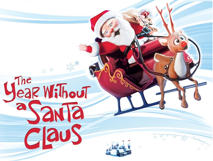 Cartoon Santa Claus with event information in front of snowy background.