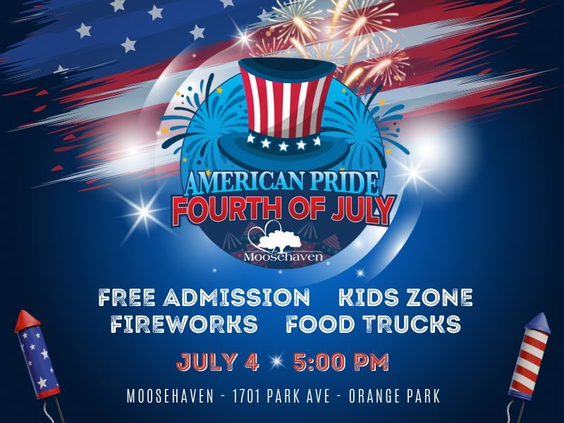 Moosehaven 4th of July event information printed in front of red, white, and blue background.