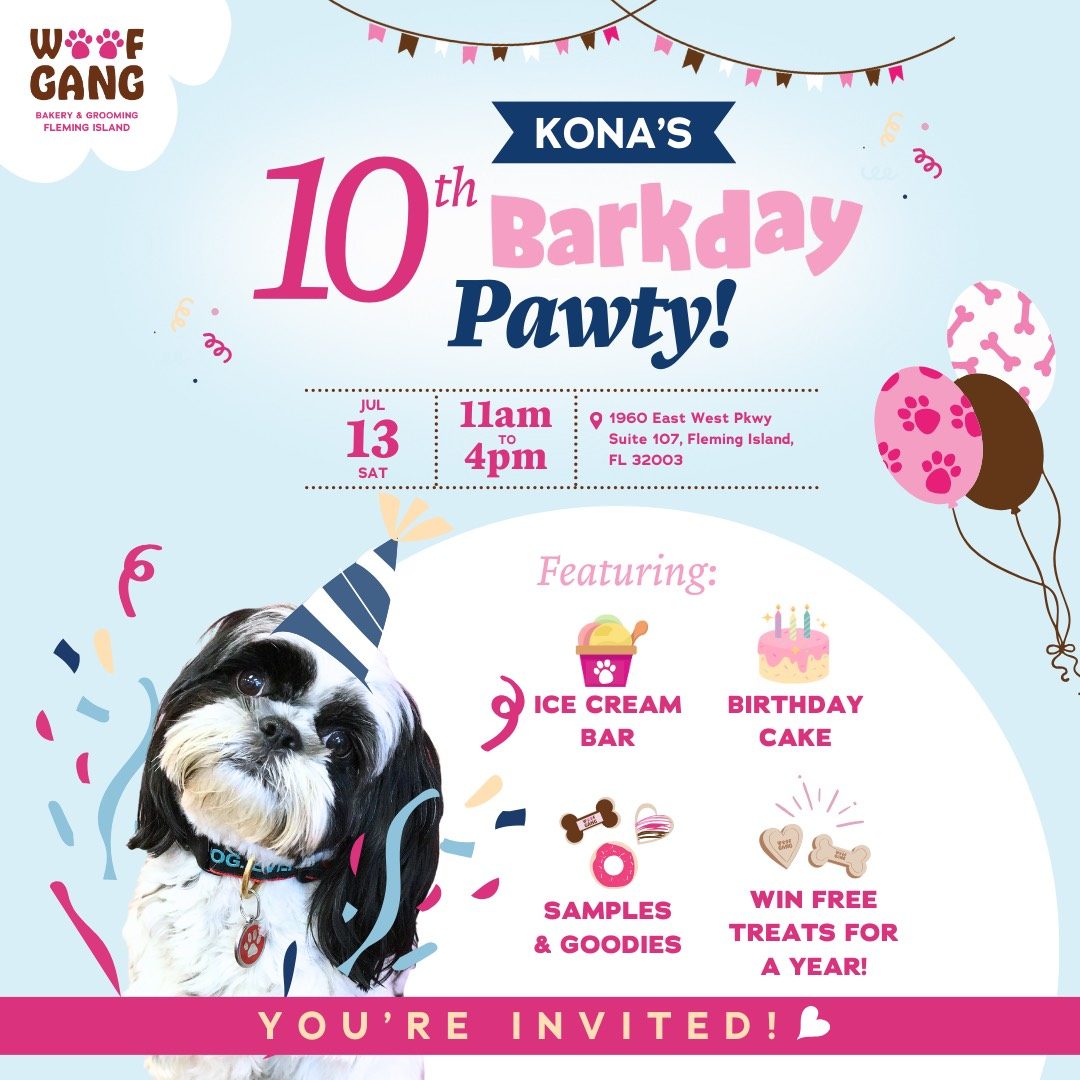 Flier of 10th Barkday Pawty event with details and a cartoon dog
