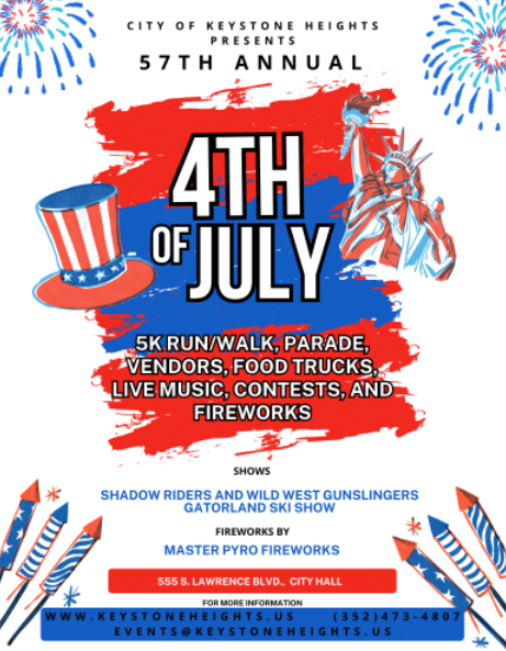 4th Of July Feature Photo Event flyer with list of activities in a red, white, and blue theme.