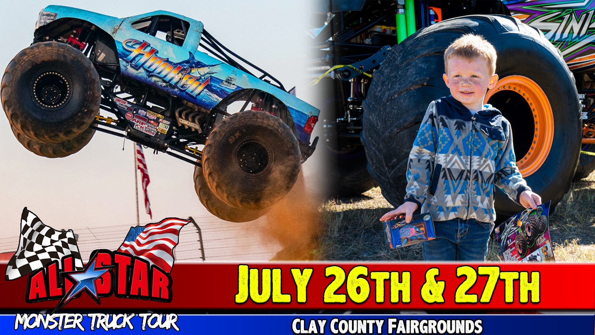 Side by side photo of a monster truck and young boys with a red border on the bottom of the image with the date and location of the event