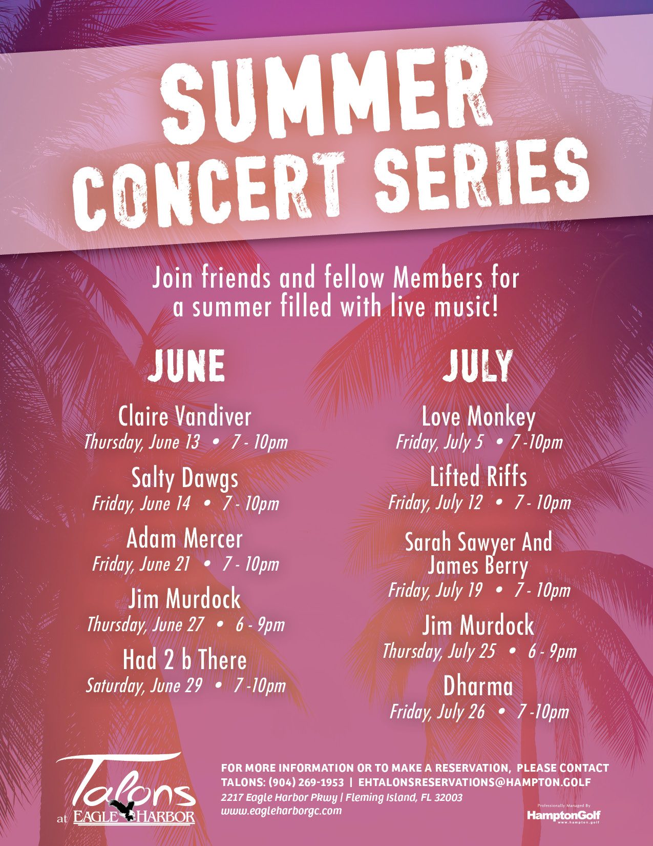 Poster of summer concert line up series listing various artists and dates.