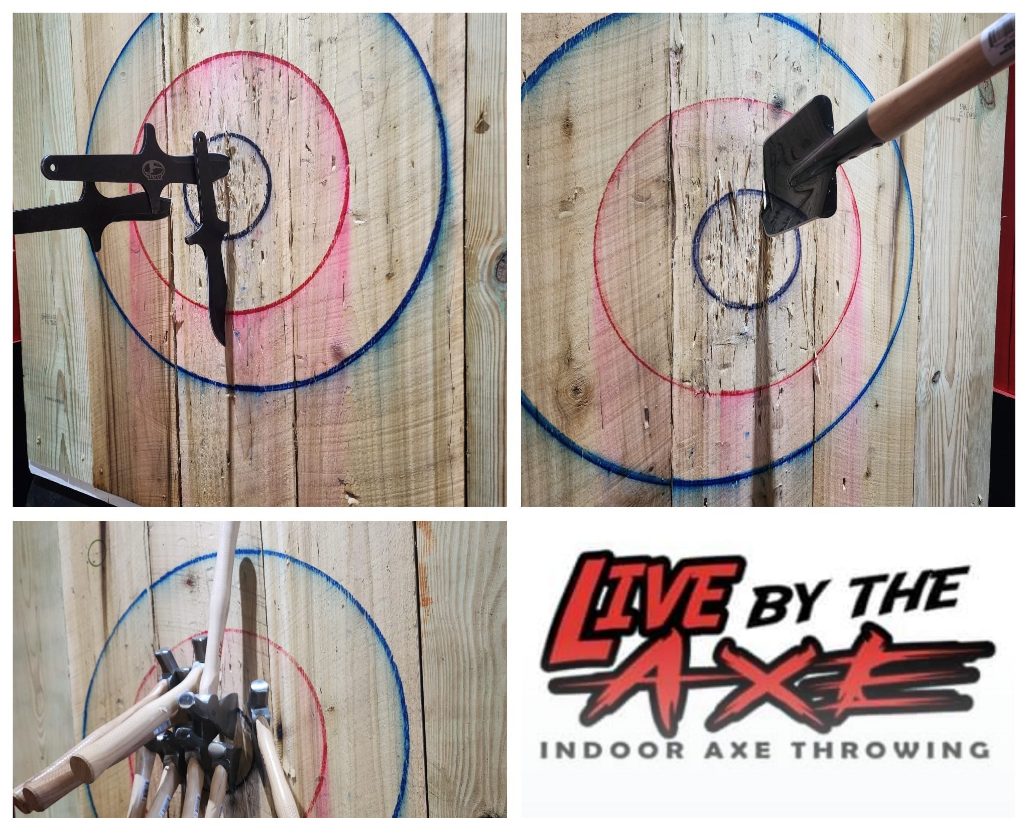 Collage of images of axes in a wood wall with spray painted targets and the live by the axe logo