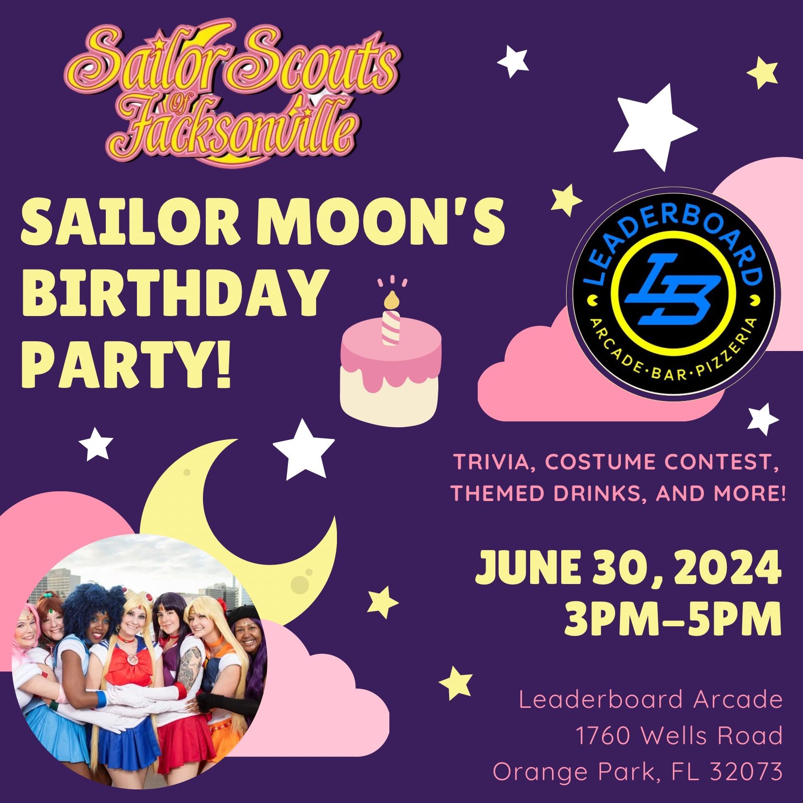 Purple flier with animated graphics of sailor moon character