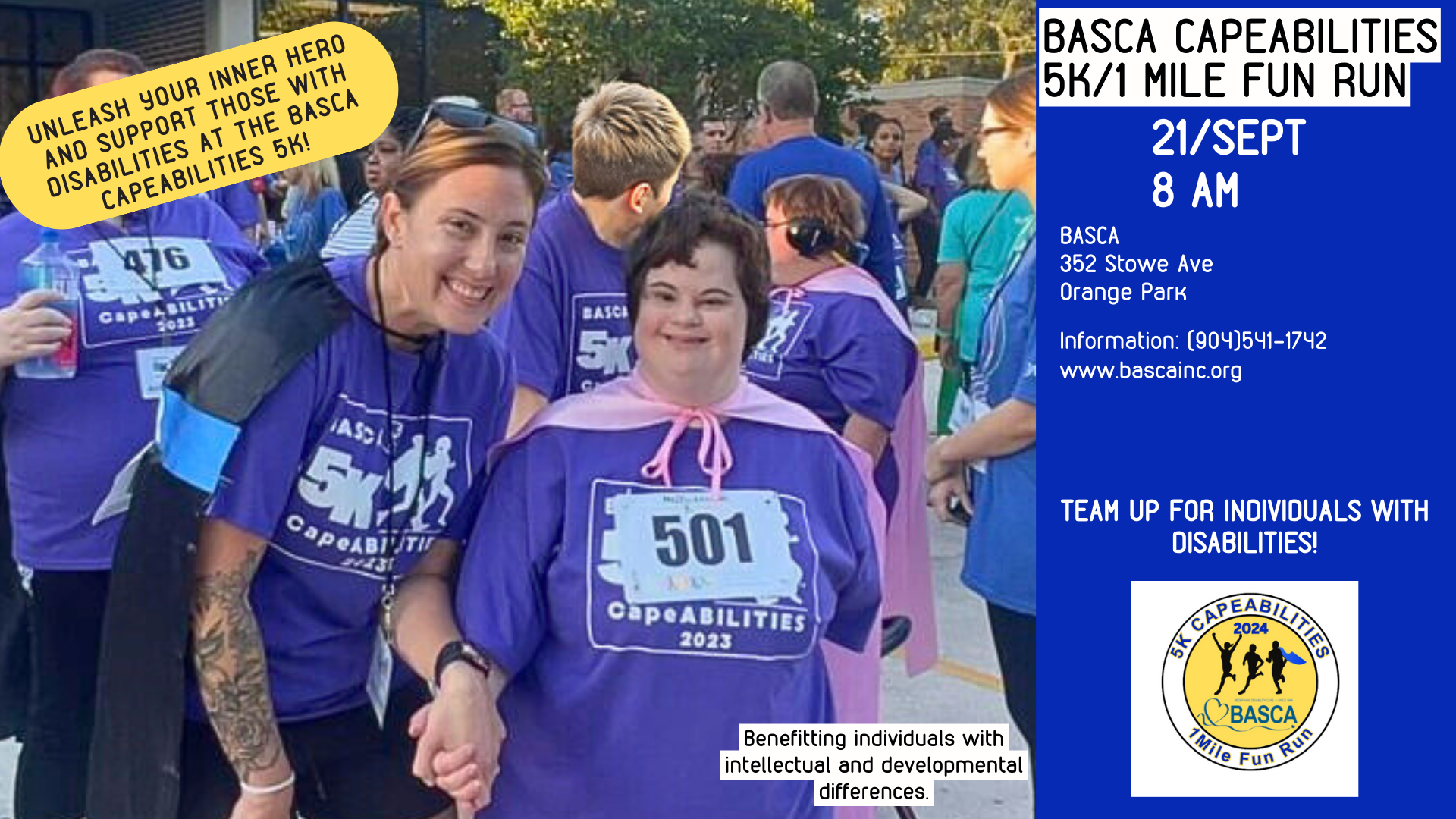 Photo of race participants smiling and wearing capes for a fundraising fun run