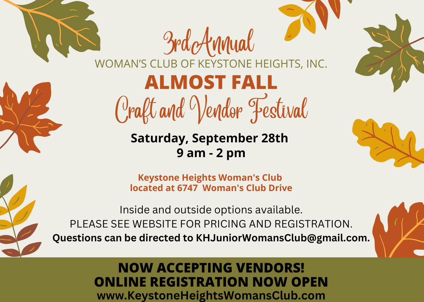 Graphic with orange and yellow leaves with text about event details