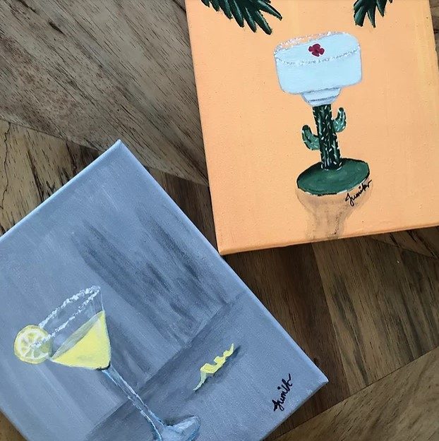 Peach colored canvas with catus shaped glass and blue drink inside, blue painted canvas with margarita with lime painted on it