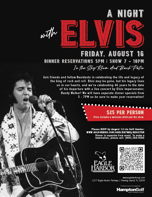Flyer with a black and white photo of Elvis singing with event information in red and white.