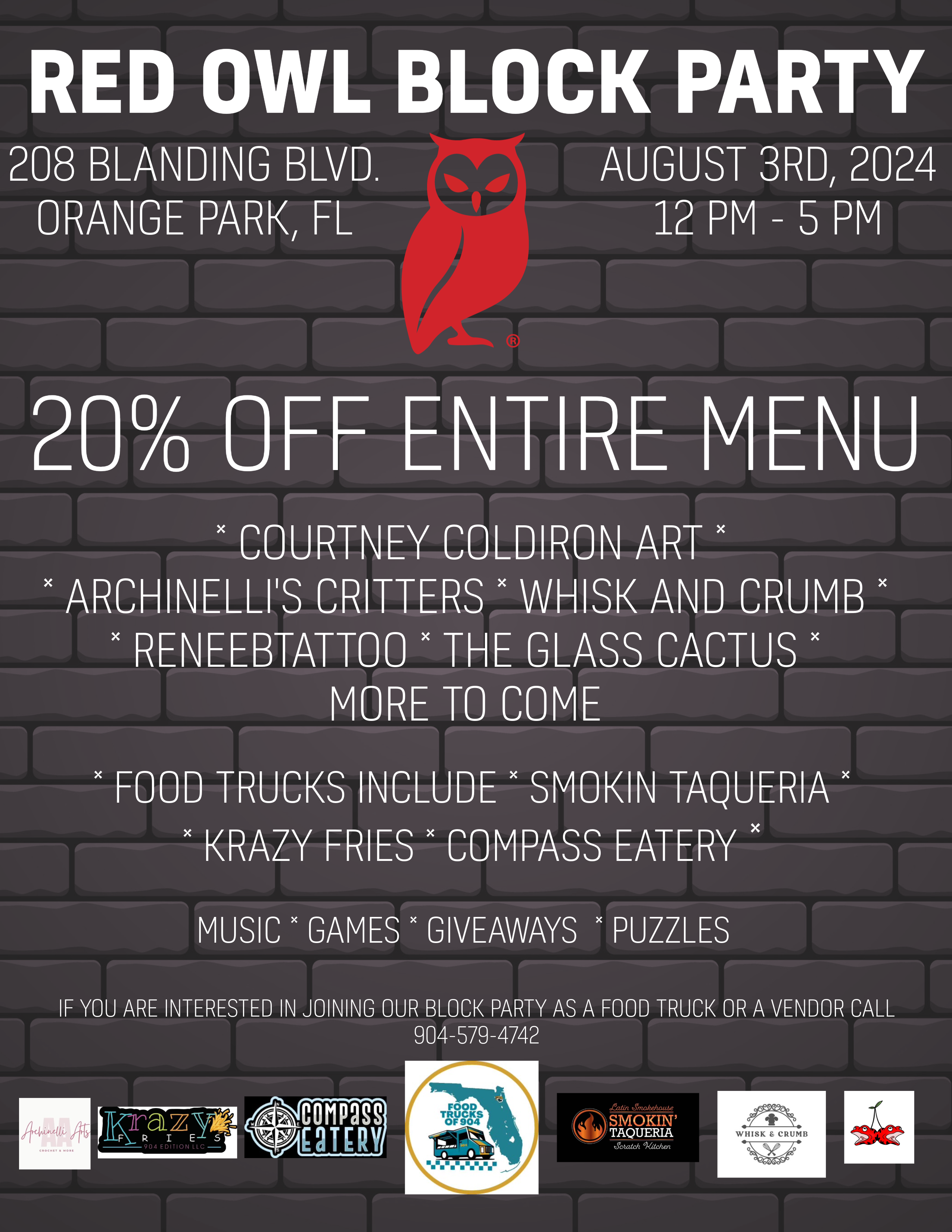 Flyer with a brick wall background and event information in white text