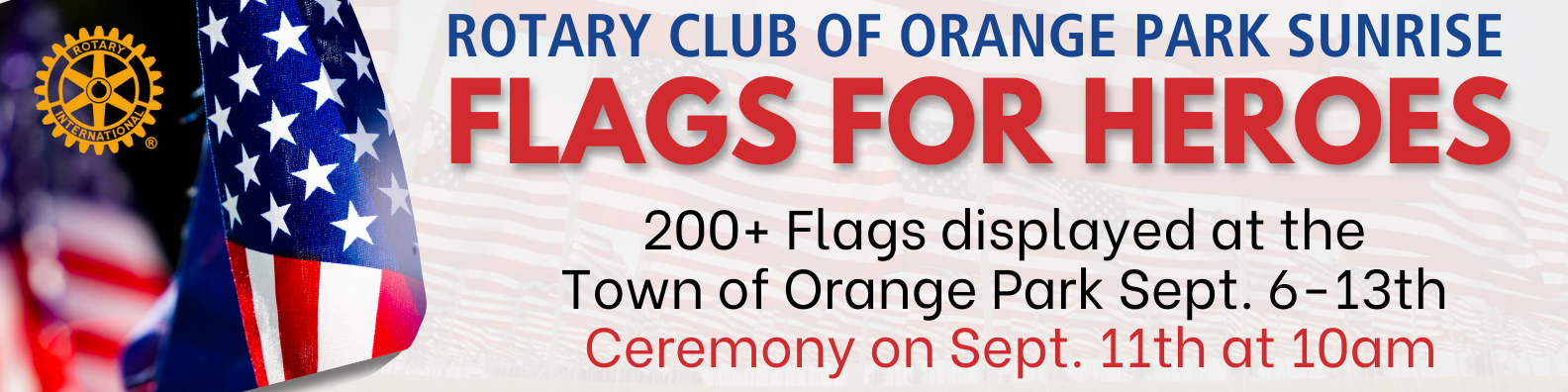 Event information with American Flag in the background.