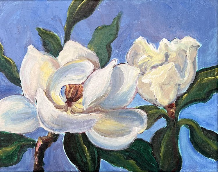 Acrylic painting by artist Sophie Dare of white magnolia flowers