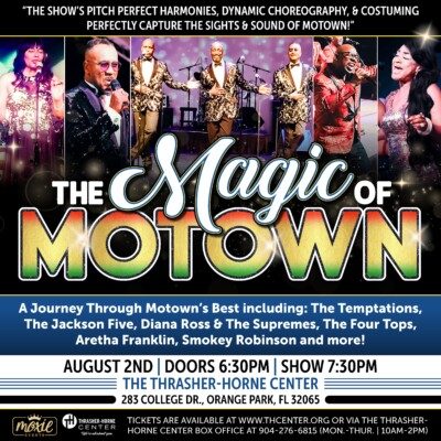 Members of "the Magic of Motown" on stage with event information posted.