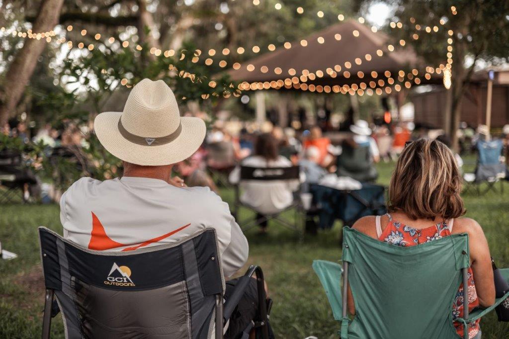 Couple sitting outside at event.