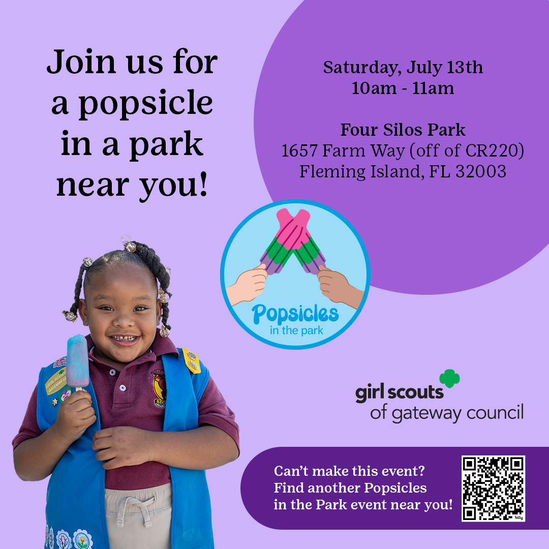 Little girl in Girl Scout uniform pictured with event information on purple background.