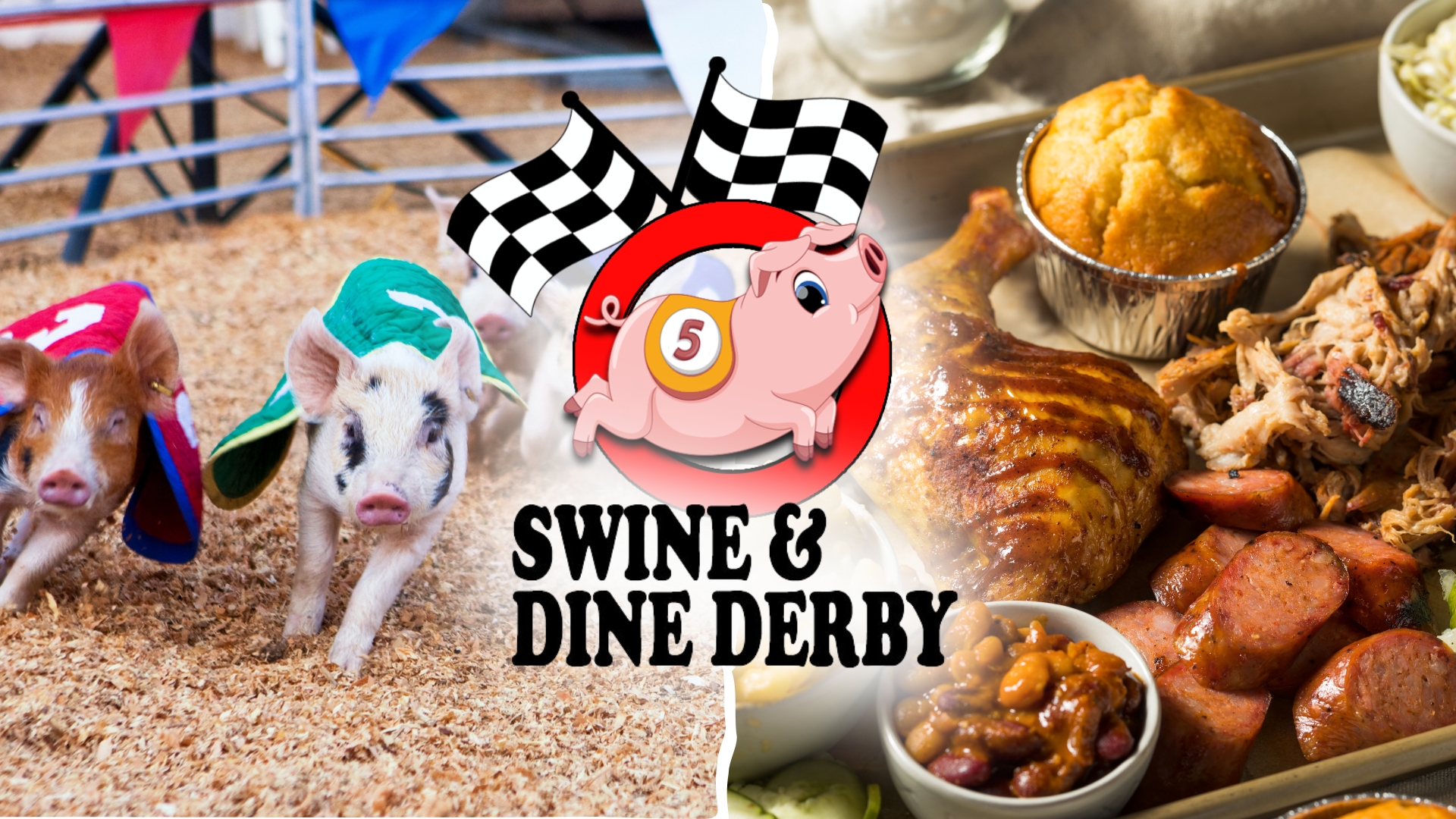 Side by side photo of pigs racing and a bbq platter of food with the event logo in the center