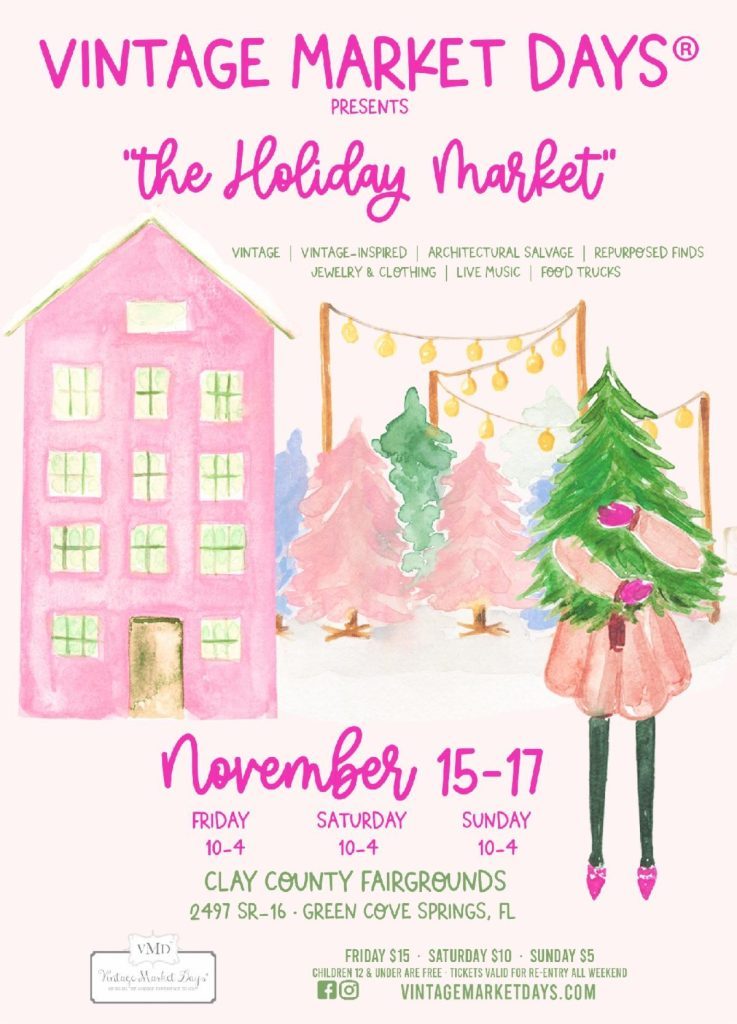 Flier for vintage market days event with a watercolor drawing of a house and christmas trees and event information