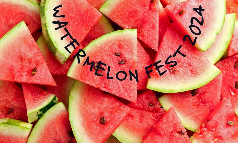 Slices of watermelon with event name text overlaid in a curve