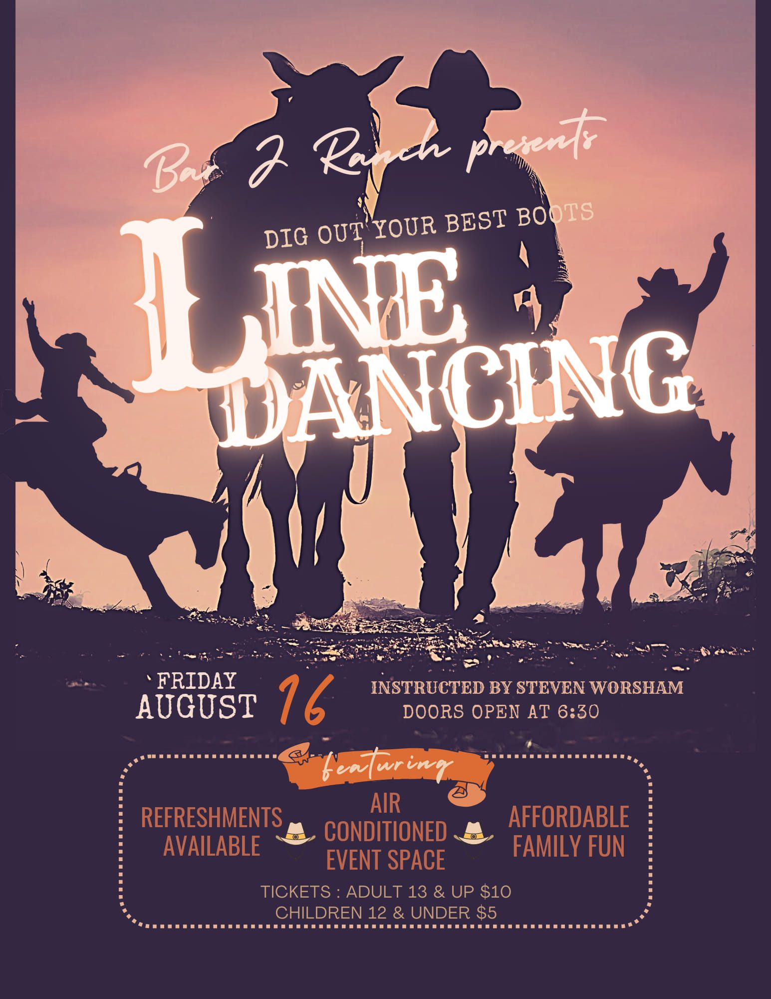 Photo of cowboys in the background of an event flyer with information about line dancing