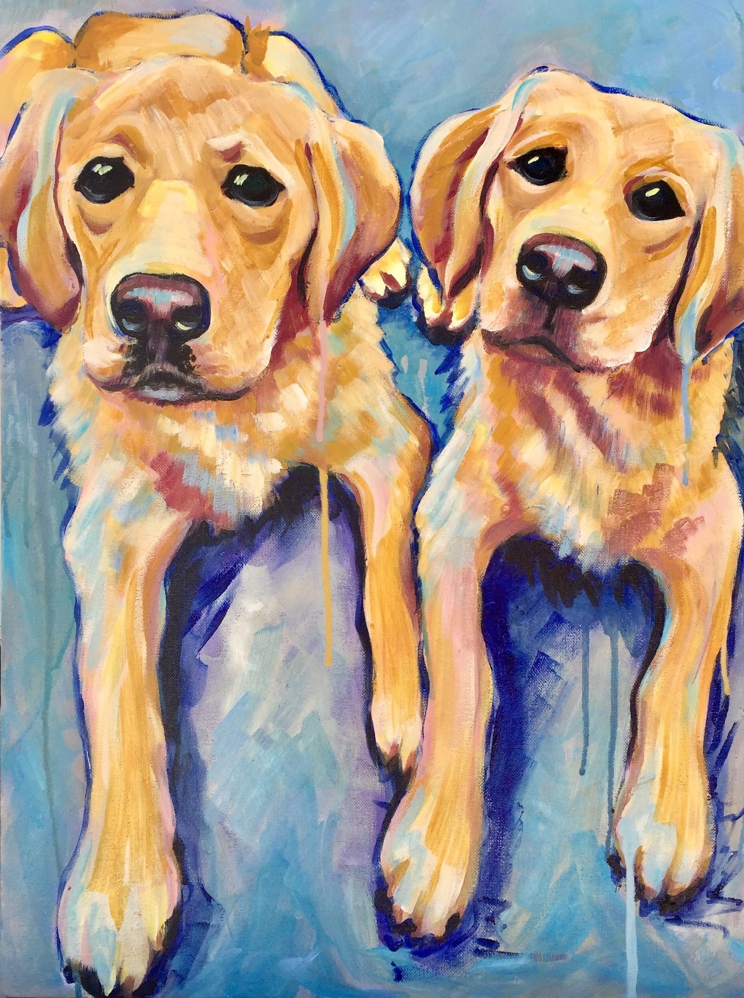 Pair of golden retriever dogs in acrylic style paint