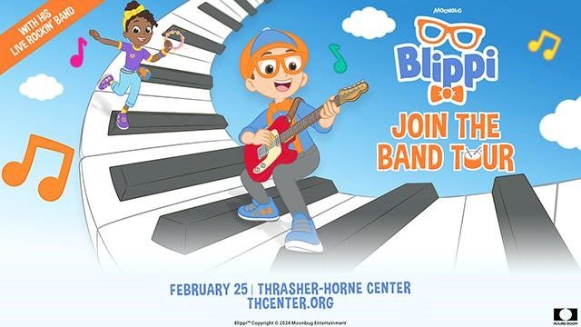 Cartoon characters Blippi on a keyboard with event information