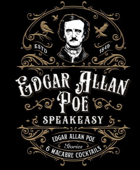 Black flier with gold filigree and animated portrait of edgar allen poe