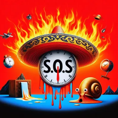 Abstract image with clocks, snail, and a sombrero.
