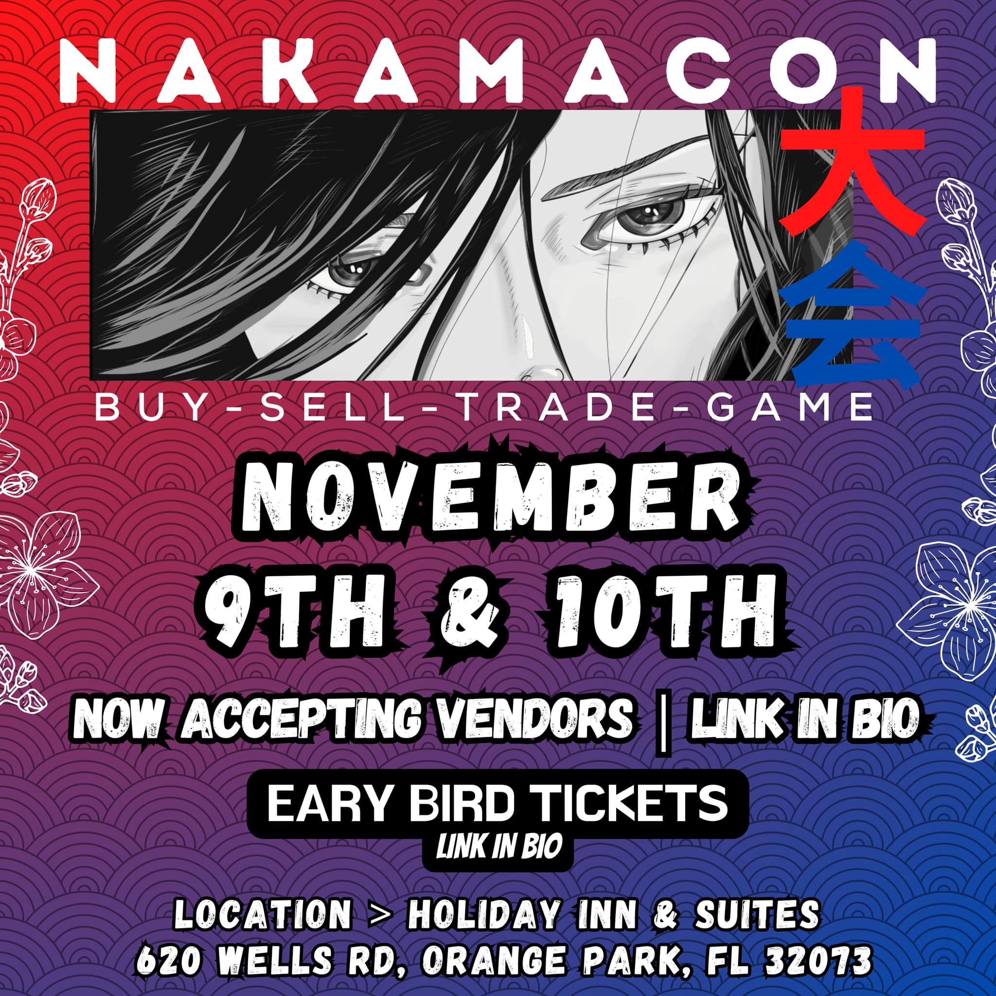 Red and purple gradiant image with Nakama business logo and event information flier