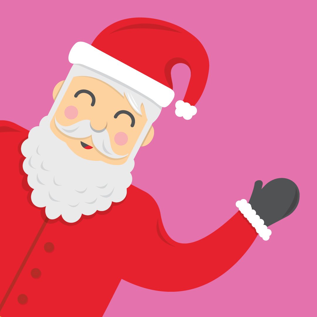Pink background and cartoon animated santa smiling and waving