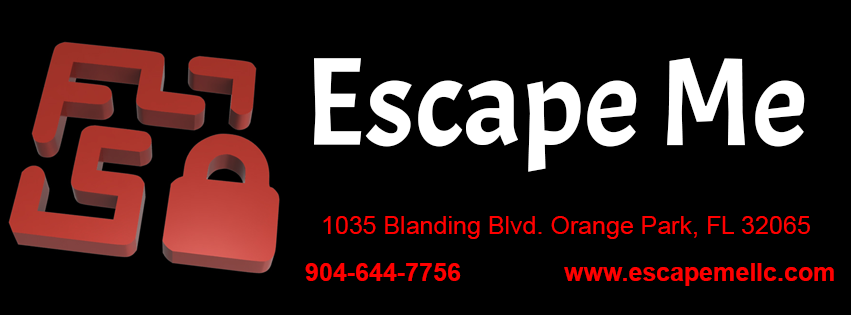 Escape Me logo and business info in black and red graphic