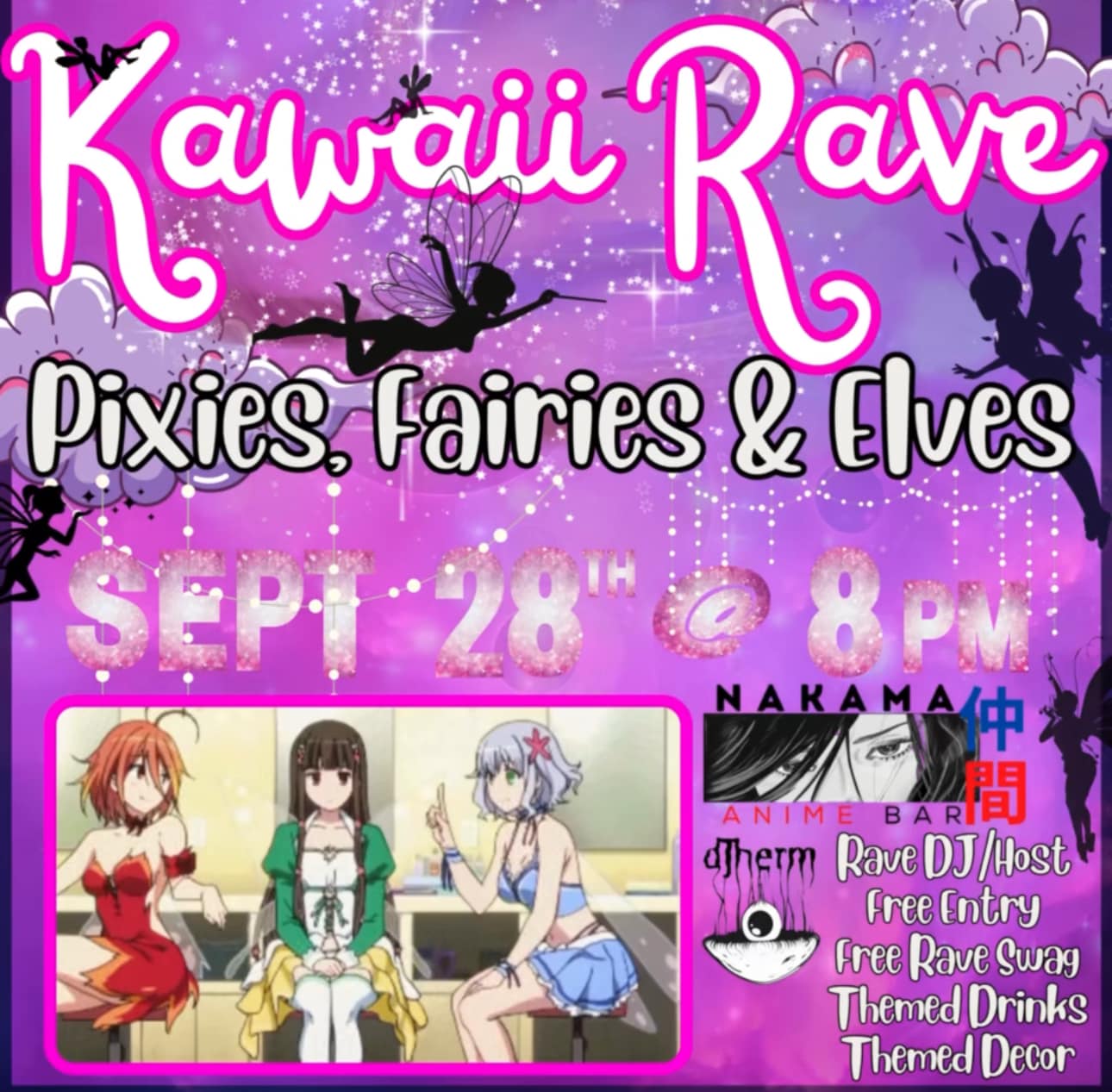 Pink glitter graphic event flier with anime characters and event description information