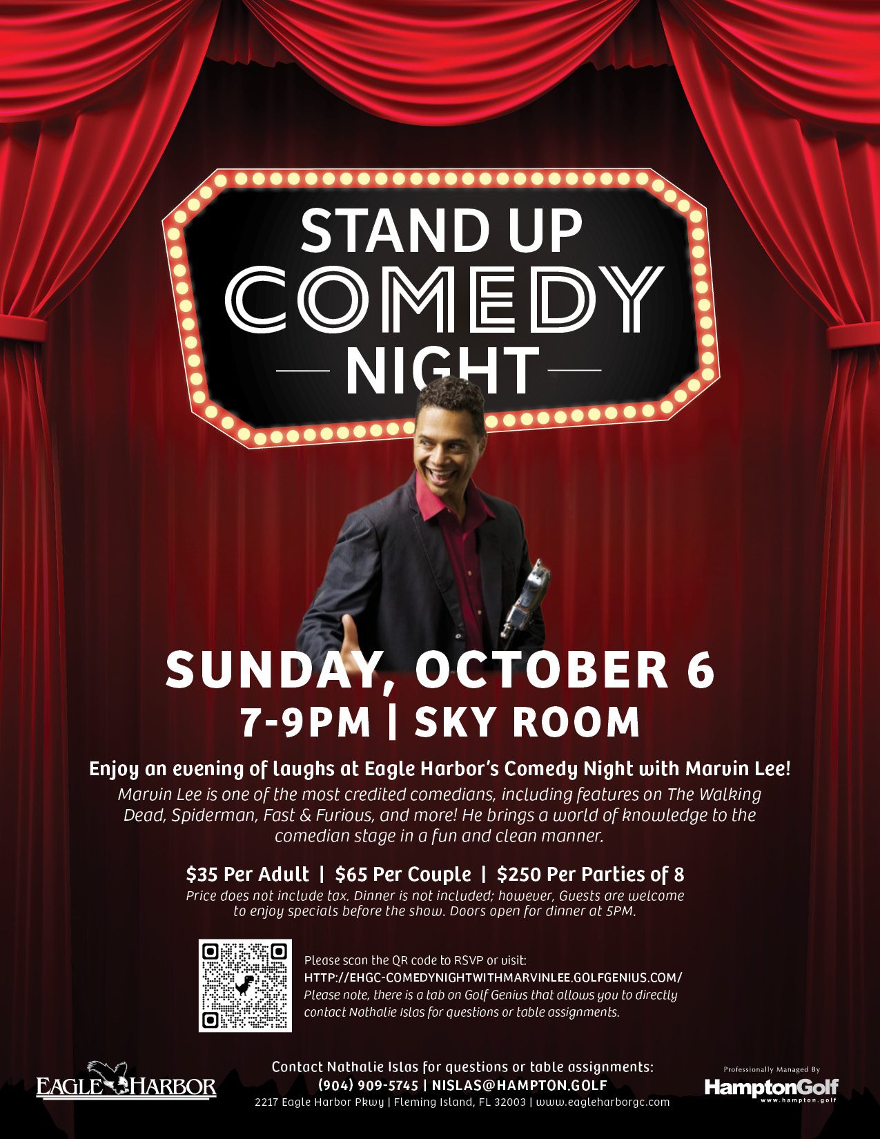 Flier of red curtain with photo of Marvin Lee and information about the comedy night