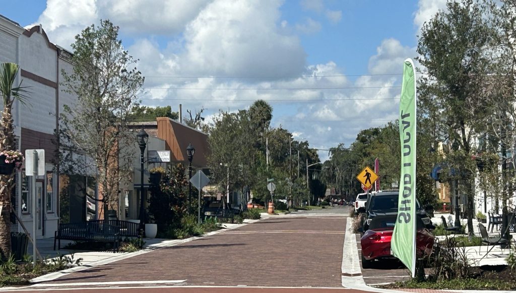 Walnut Street in Green Cove Springs paved brick road with shops