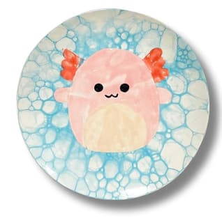 Painting of a pink axolotl on blue background.