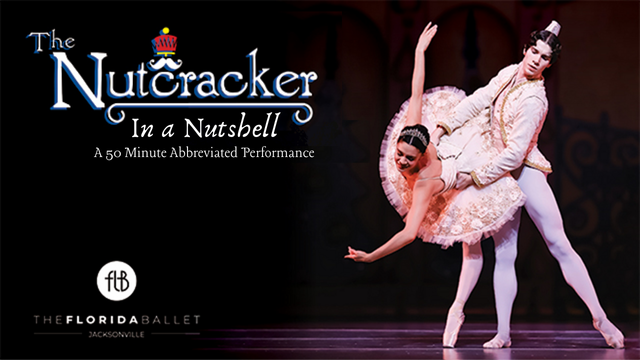 Ballet performers on stage with title of the event.