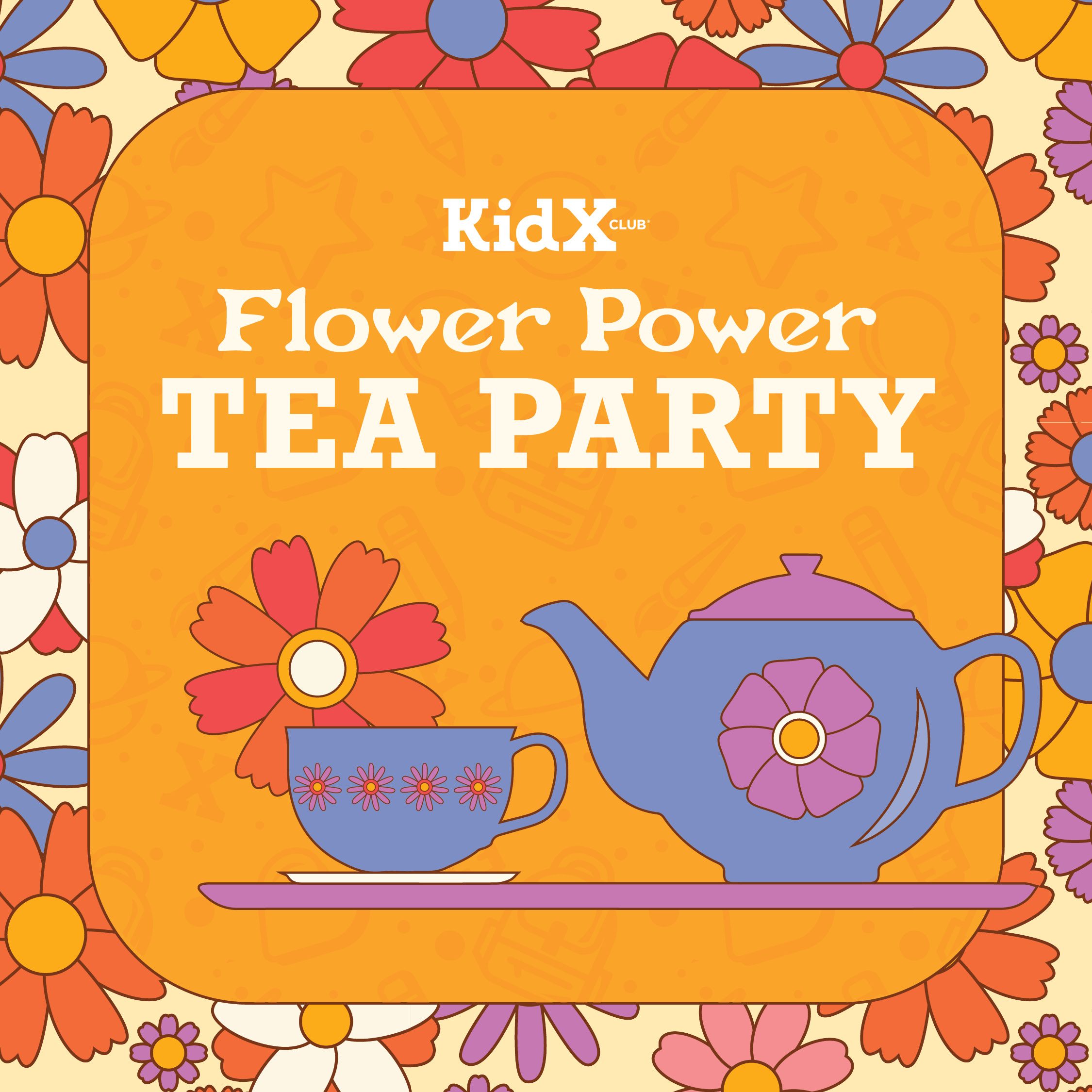 70s style themed tea kettle and cup with an orange flower boarder.