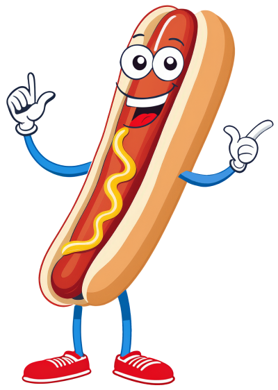 Cartoon drawing of a hotdog mascot.