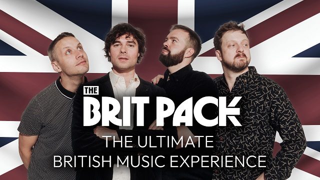 Band members standing in front of a British flag.