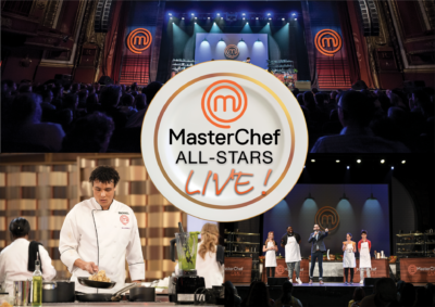 Masterchef Feature Photo Collage of photos showing a chef, the stage, and group of people on stage.