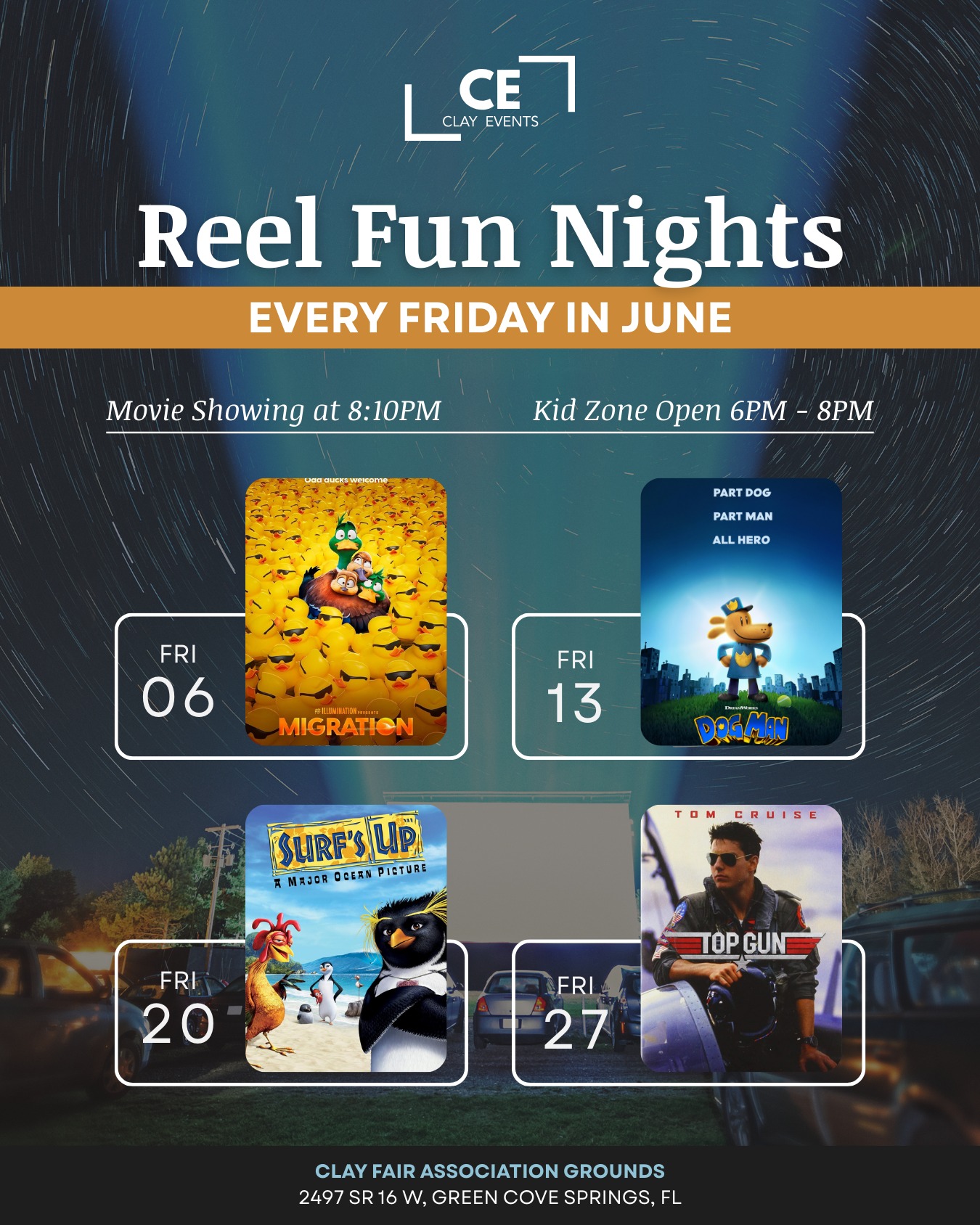 Reel Fun Feature Photo Event flyer with titles of scheduled movies.