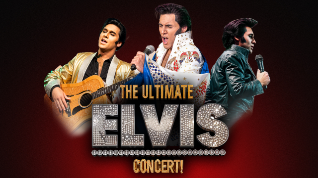 Ultimate Elvis Feature Photo Trio of Elvis impersonators with event title written in shinny letters.