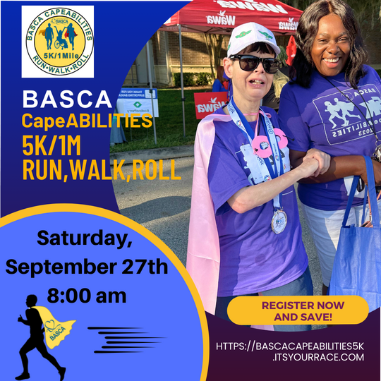 Event flyer with information on a purple background and a picture of past event participants.