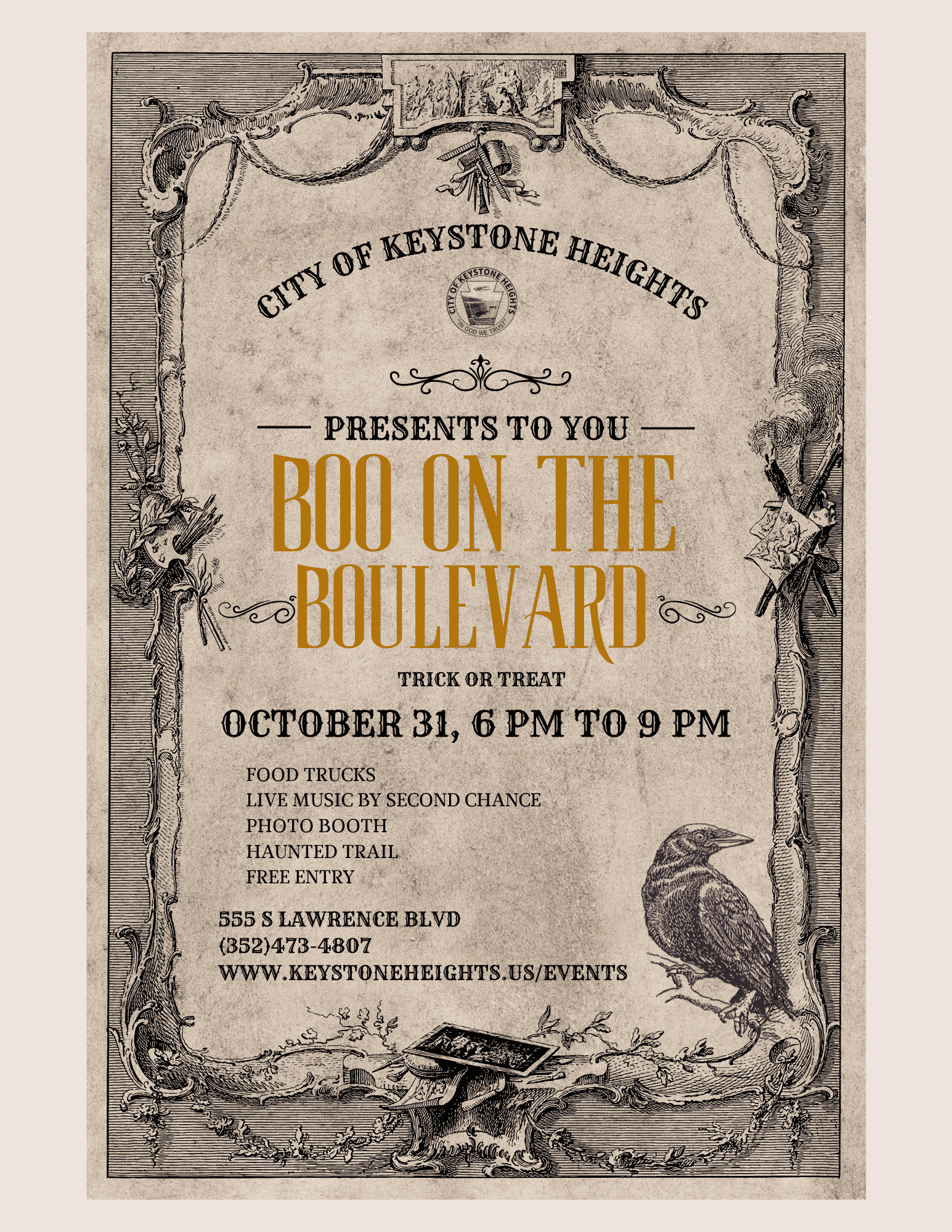 Boo on the Blvd Feature Photo Event flyer with information on a sepia background and crows.