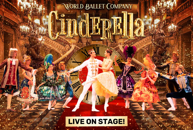 Cinderella Feature Photo Photo of cast on stage in period costume with title of the show written in gold.